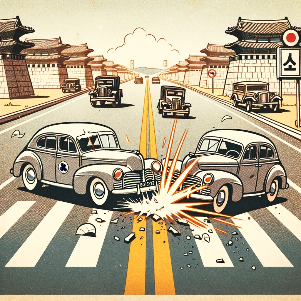 교통사고 시 이해를 돕기위해 한국의 도로에서 자동차 사고가 난 모습을 카툰처럼 그린 이미지